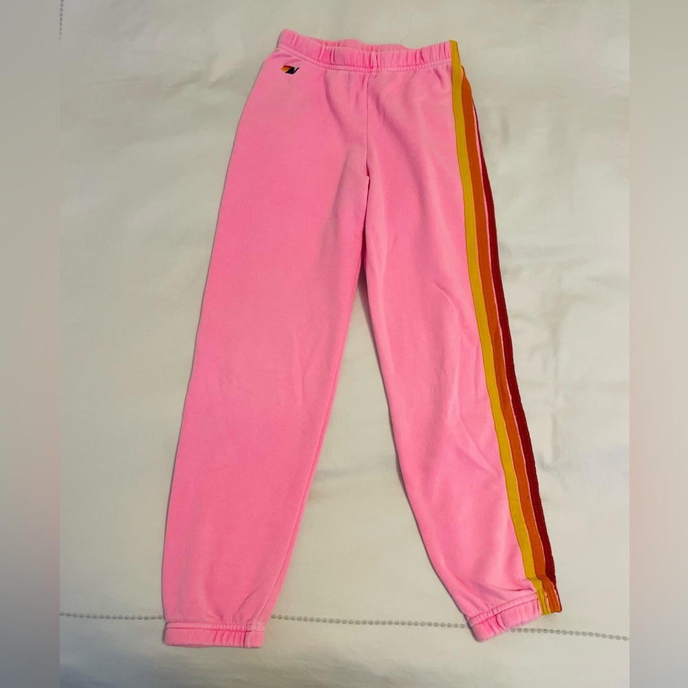 Aviator Nation Pink Sweatpants with Red, Orange & Yellow Side Stripes